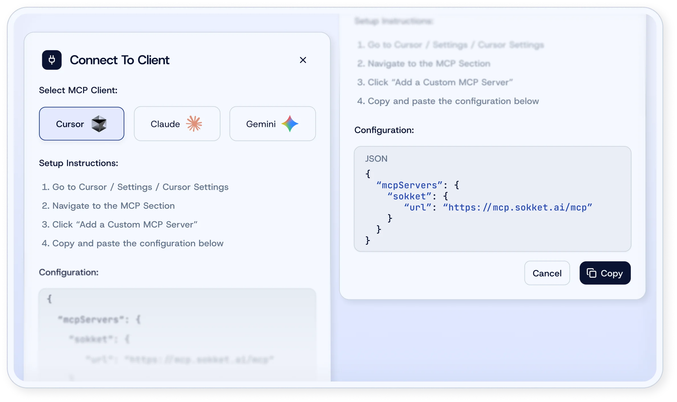 Sokket MCP client connection modal showing setup instructions and configuration