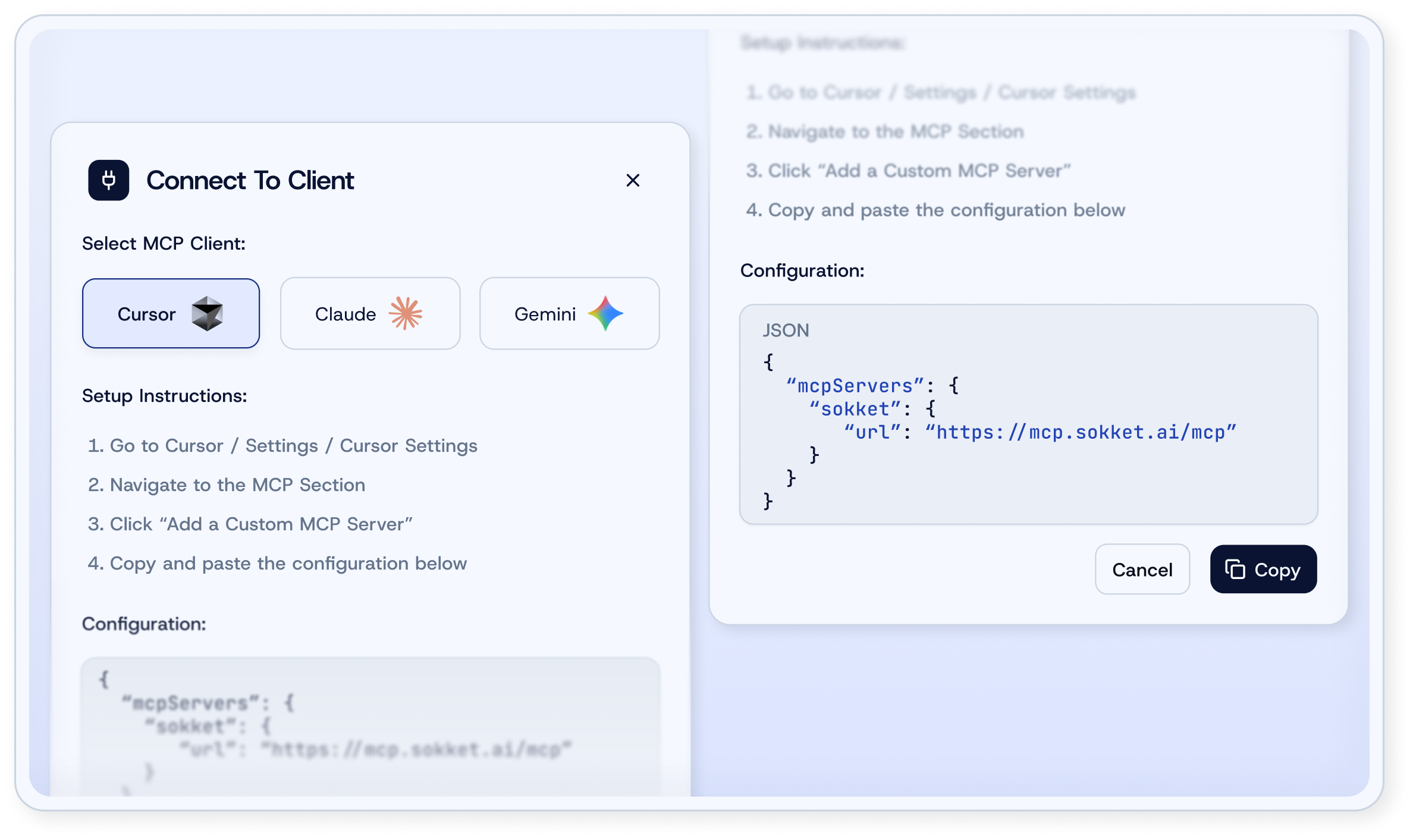 Sokket MCP client connection modal showing setup instructions and configuration