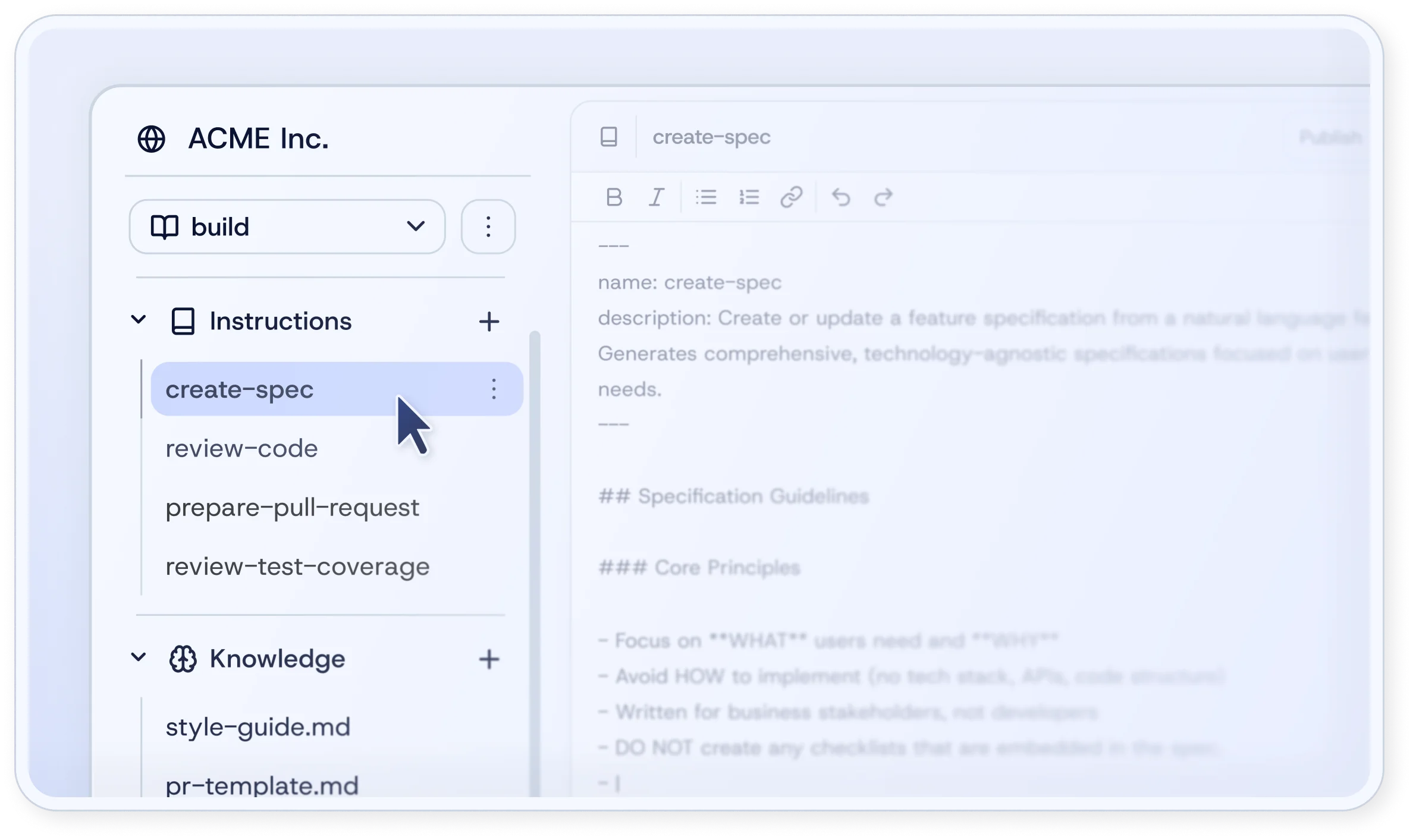 Sokket dashboard interface showing context management with instructions and knowledge libraries